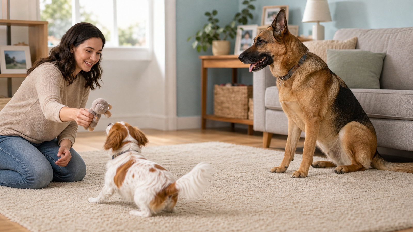 A person calmly redirects a small dog with a toy while a larger dog sits at a safe distance.