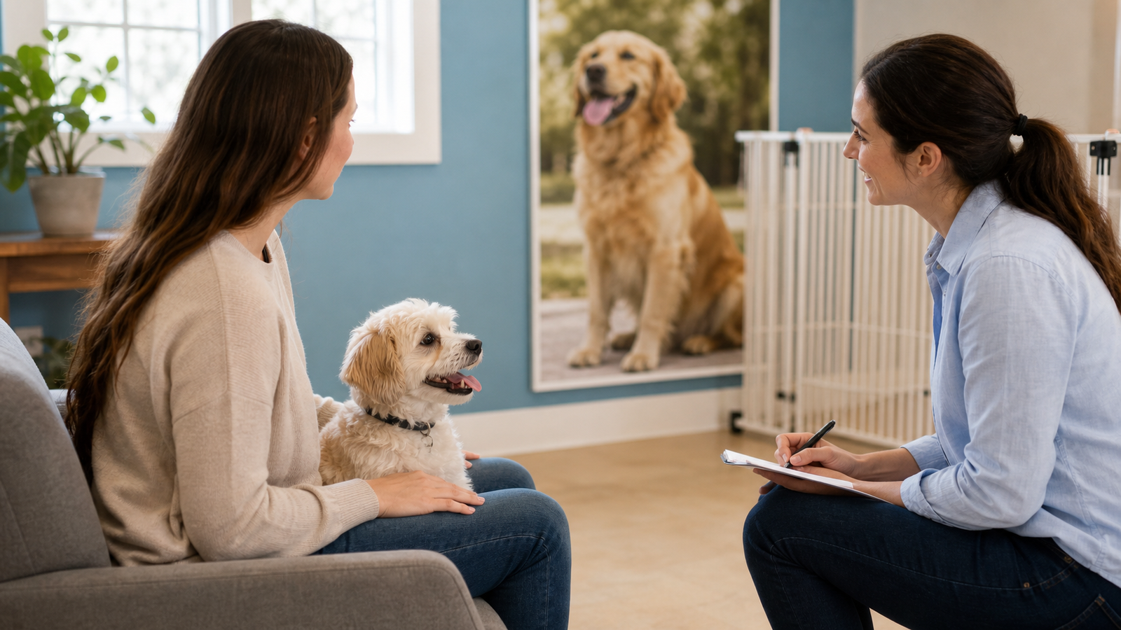 A small dog sits calmly with an owner while a kind trainer or vet observes from a comfortable distance.