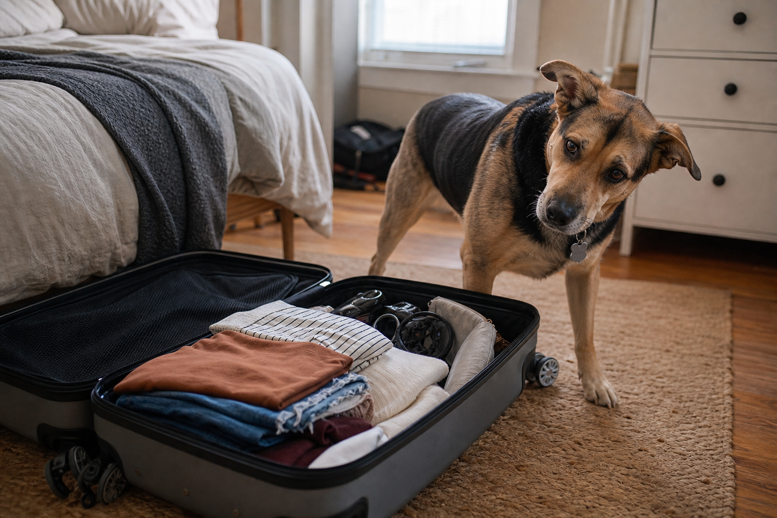 A realistic dog stands beside an open suitcase in a cozy bedroom, looking curious and suspicious.