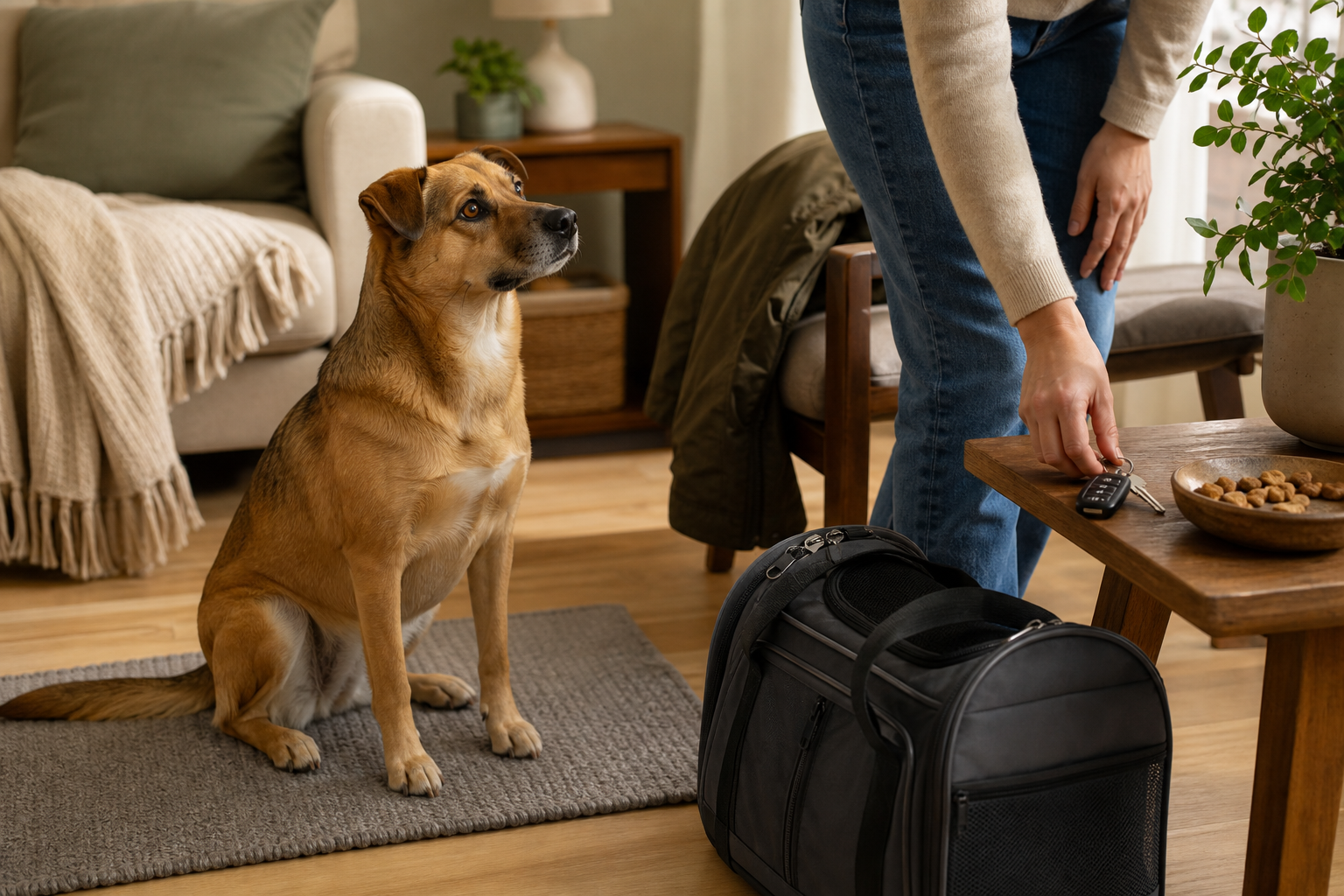 A calm dog sits on a mat while a person quietly handles keys and a travel bag nearby.