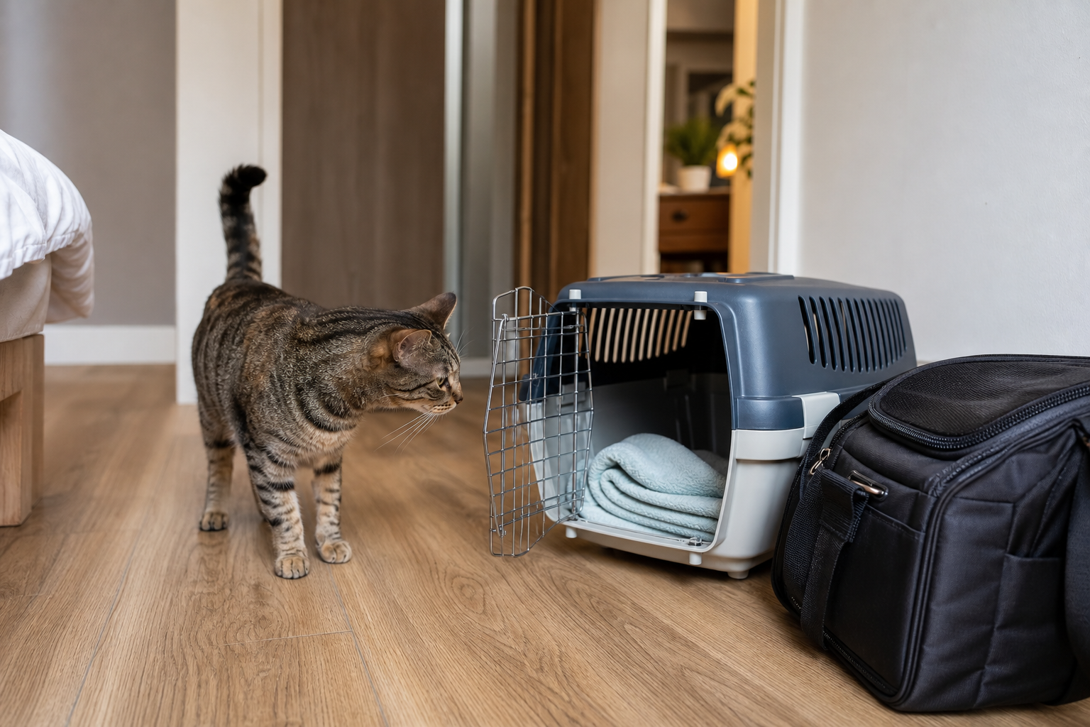 A realistic tabby cat cautiously looks toward an open carrier with soft bedding inside.