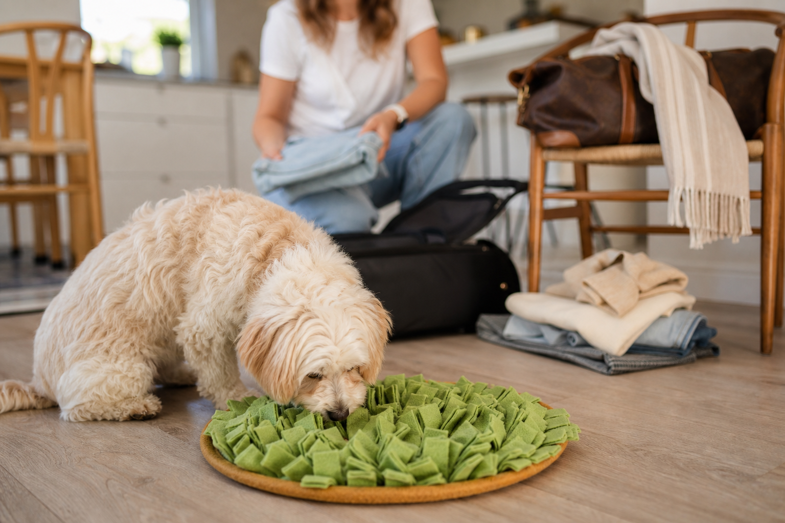 A small dog uses a snuffle mat while a travel bag and folded clothes sit nearby.