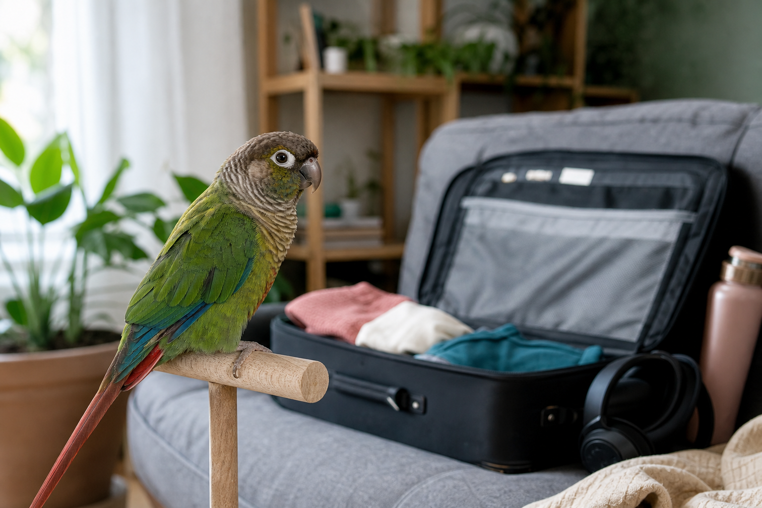 A small pet bird perches nearby while a suitcase or backpack sits open in a cozy living room.