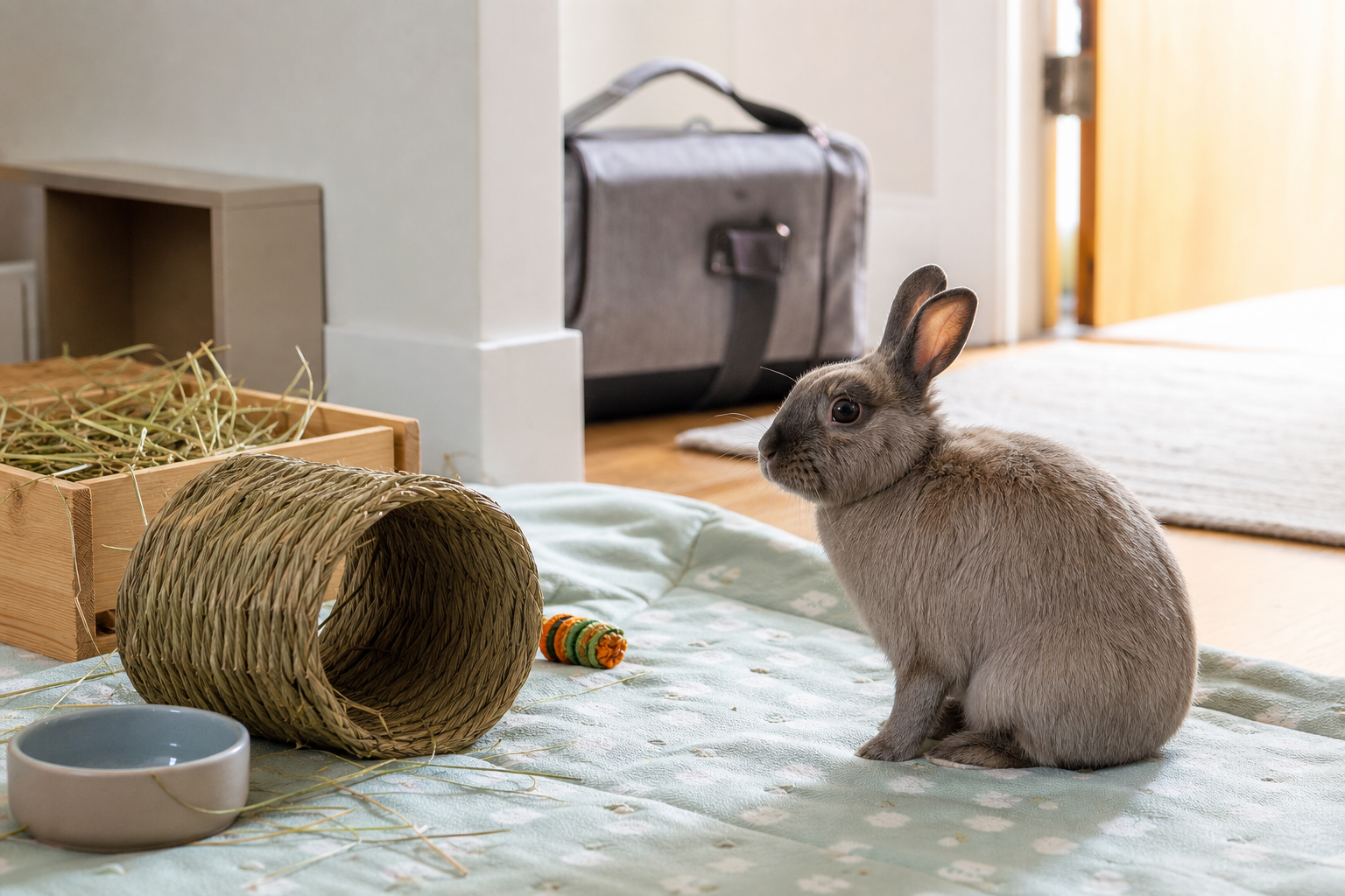 A rabbit sits near a tunnel, hay and water in a safe indoor area while a small overnight bag is visible nearby.