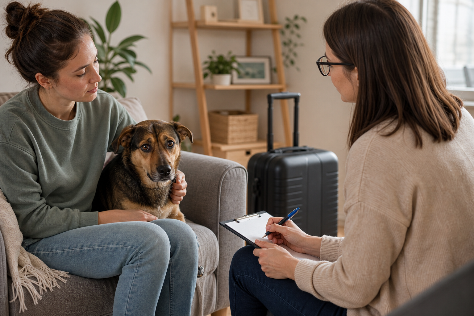 A worried dog sits near an owner while a kind trainer or vet behaviour professional takes notes at a comfortable distance.