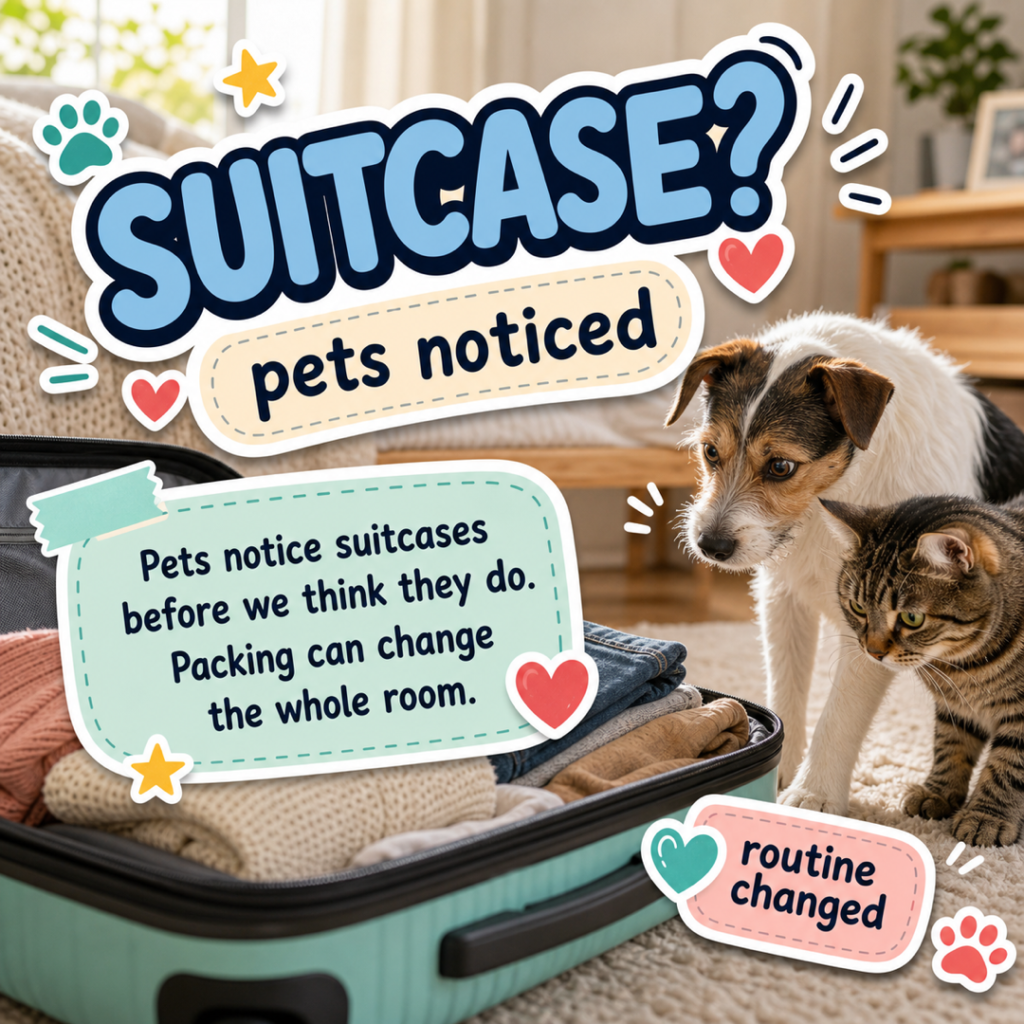 CloudyAww article card showing a dog and cat watching an open suitcase with text about pets noticing suitcases and changed routines.