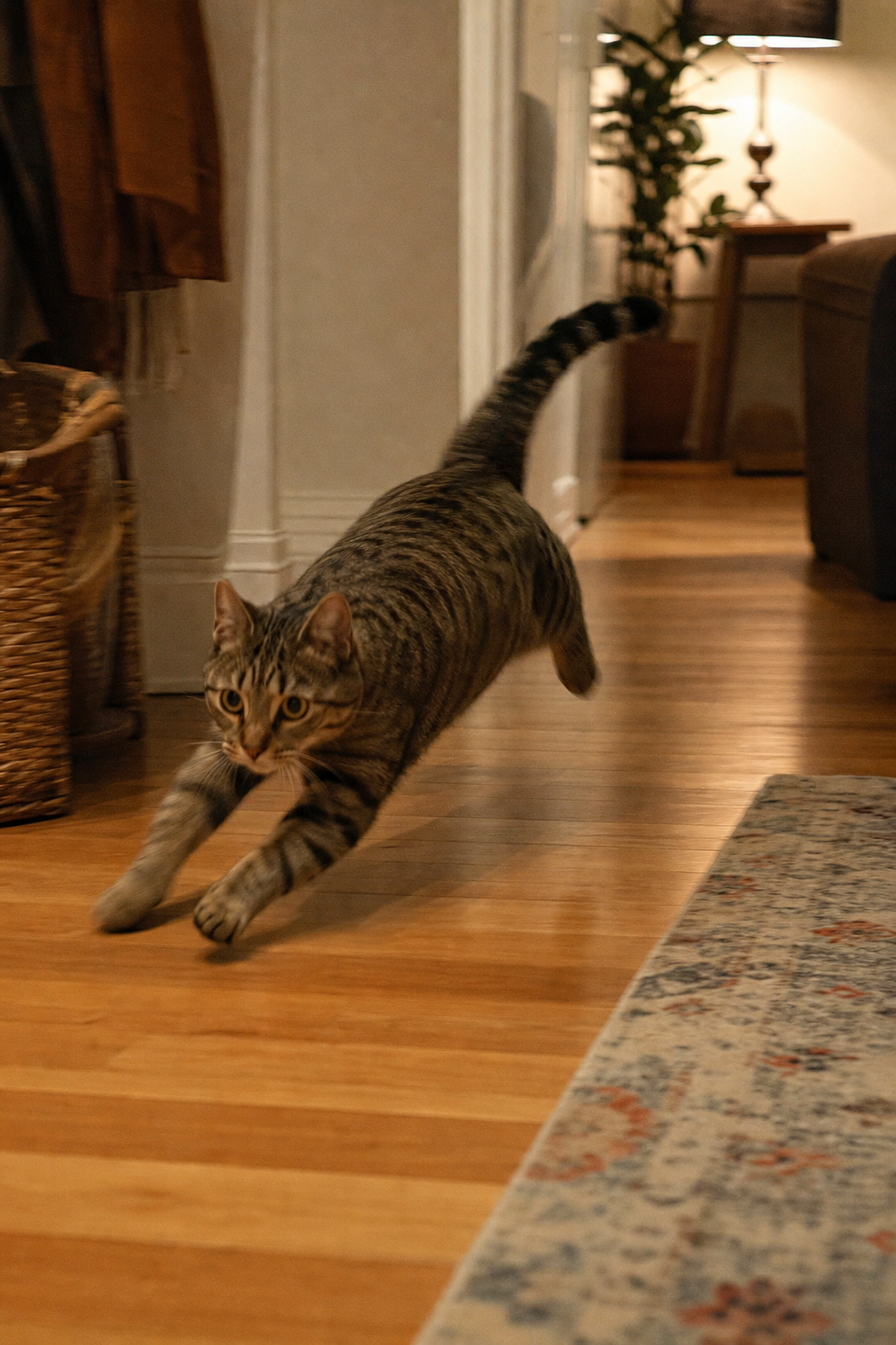 A realistic tabby cat sprints through a cozy hallway during an evening burst of energy.