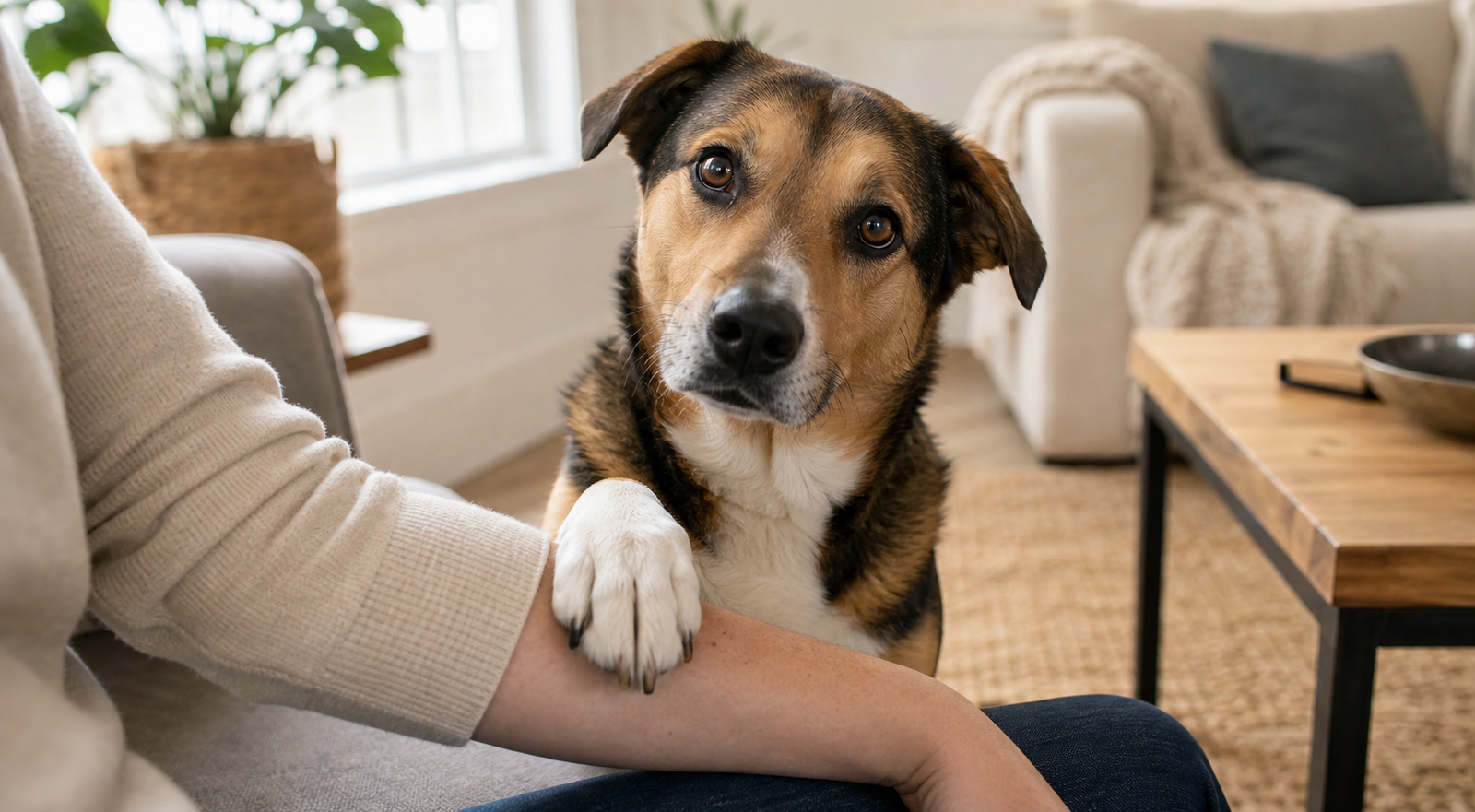 A realistic dog gently rests one paw on a person's arm in a cozy room.