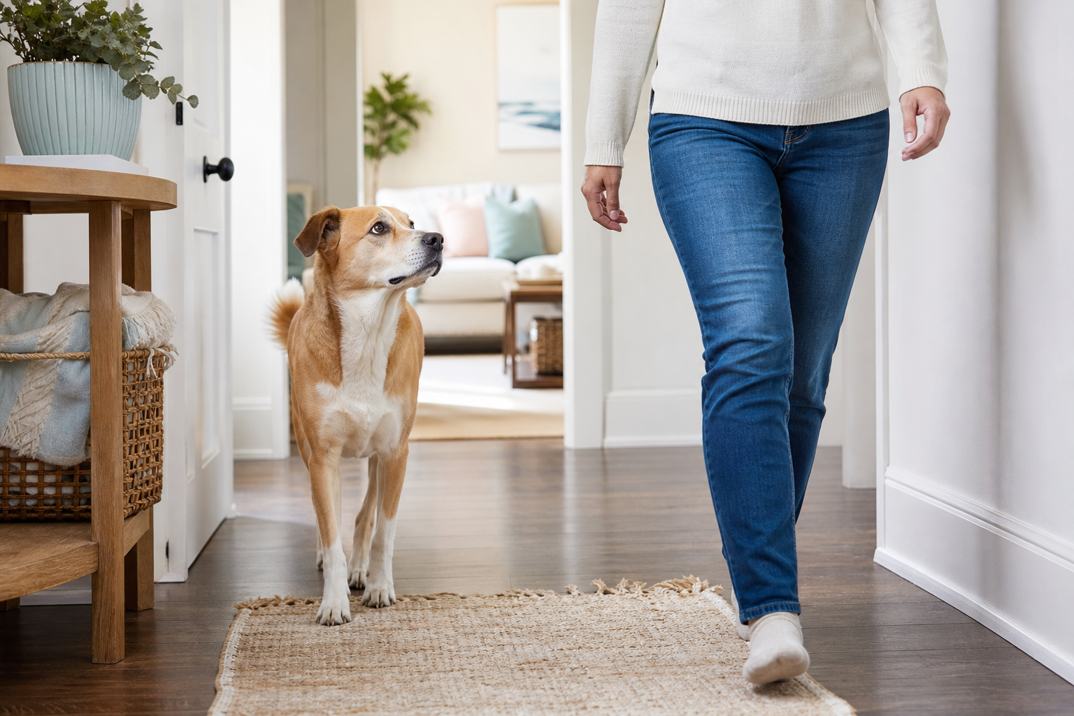 A tan-and-white dog follows a person through a bright hallway at home.