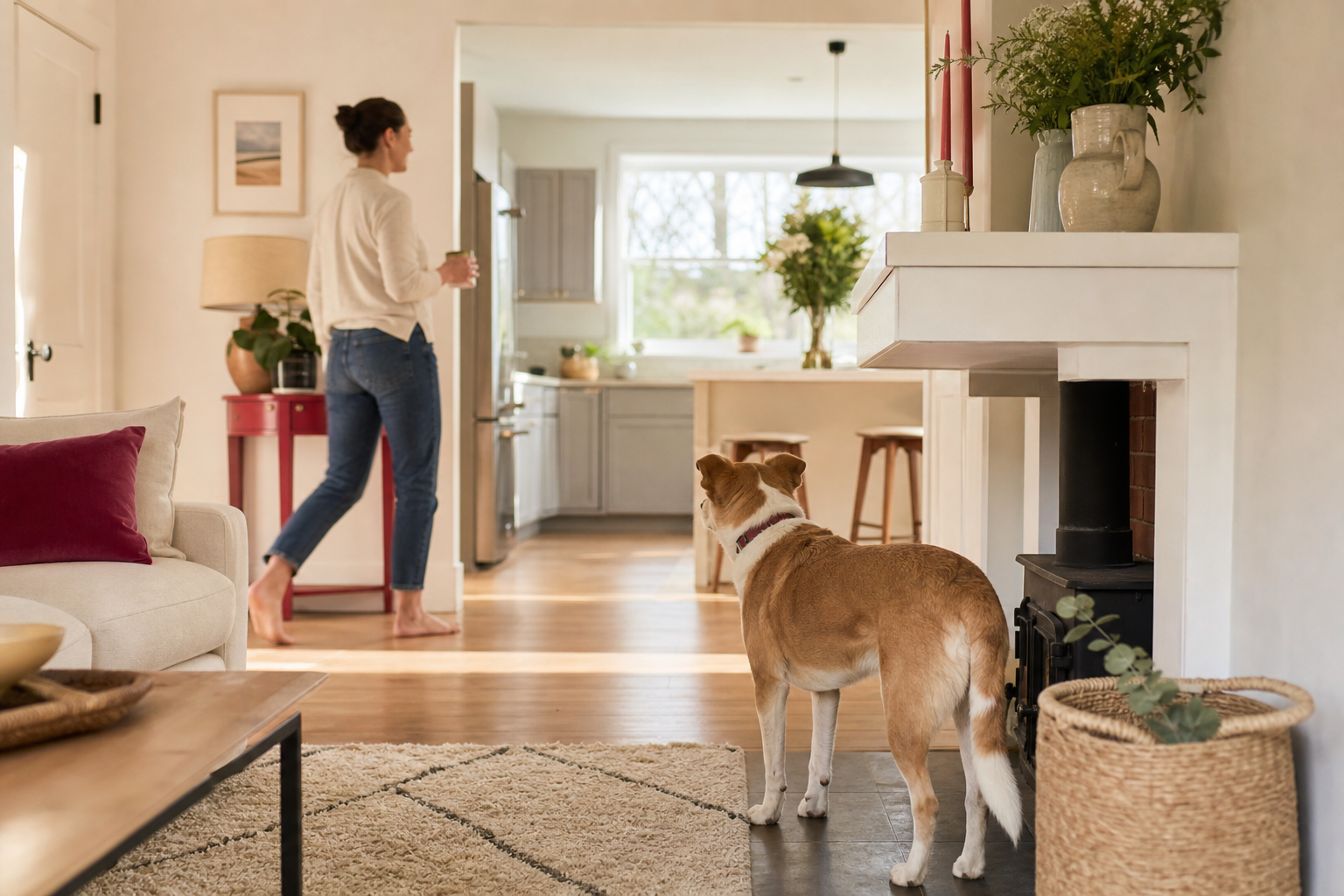 A dog watches a person walk from the living room toward the kitchen with a mug.