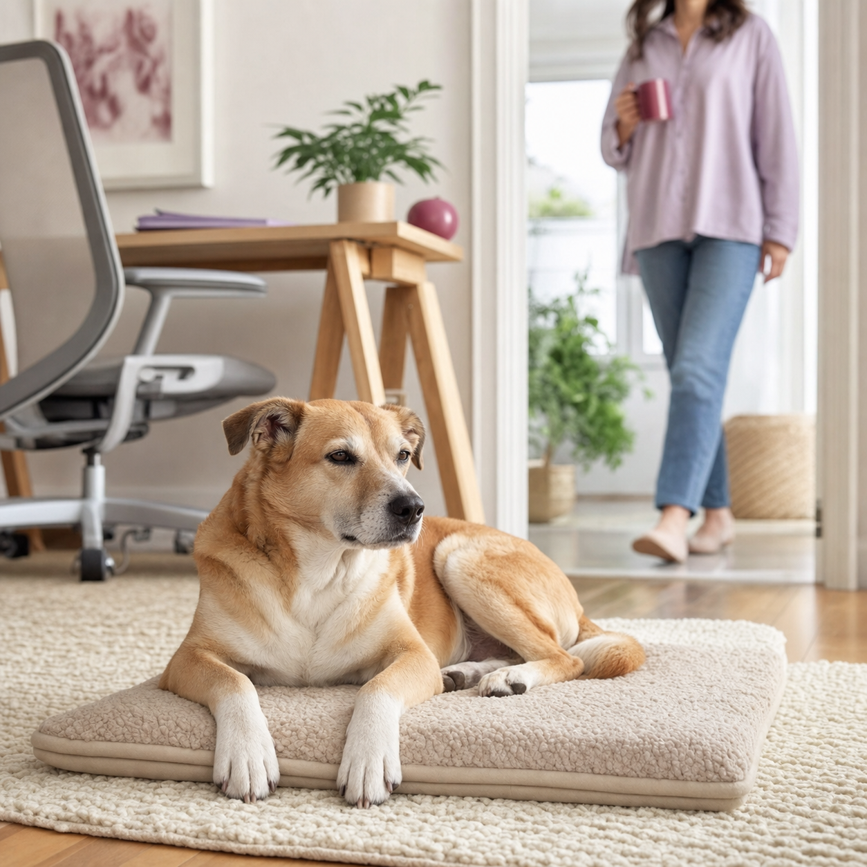 A dog rests calmly on a mat in a home office while a person enters the room.
