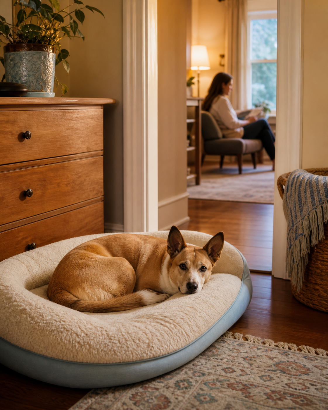 A dog relaxes on a bed in one room while a person reads in the next room.