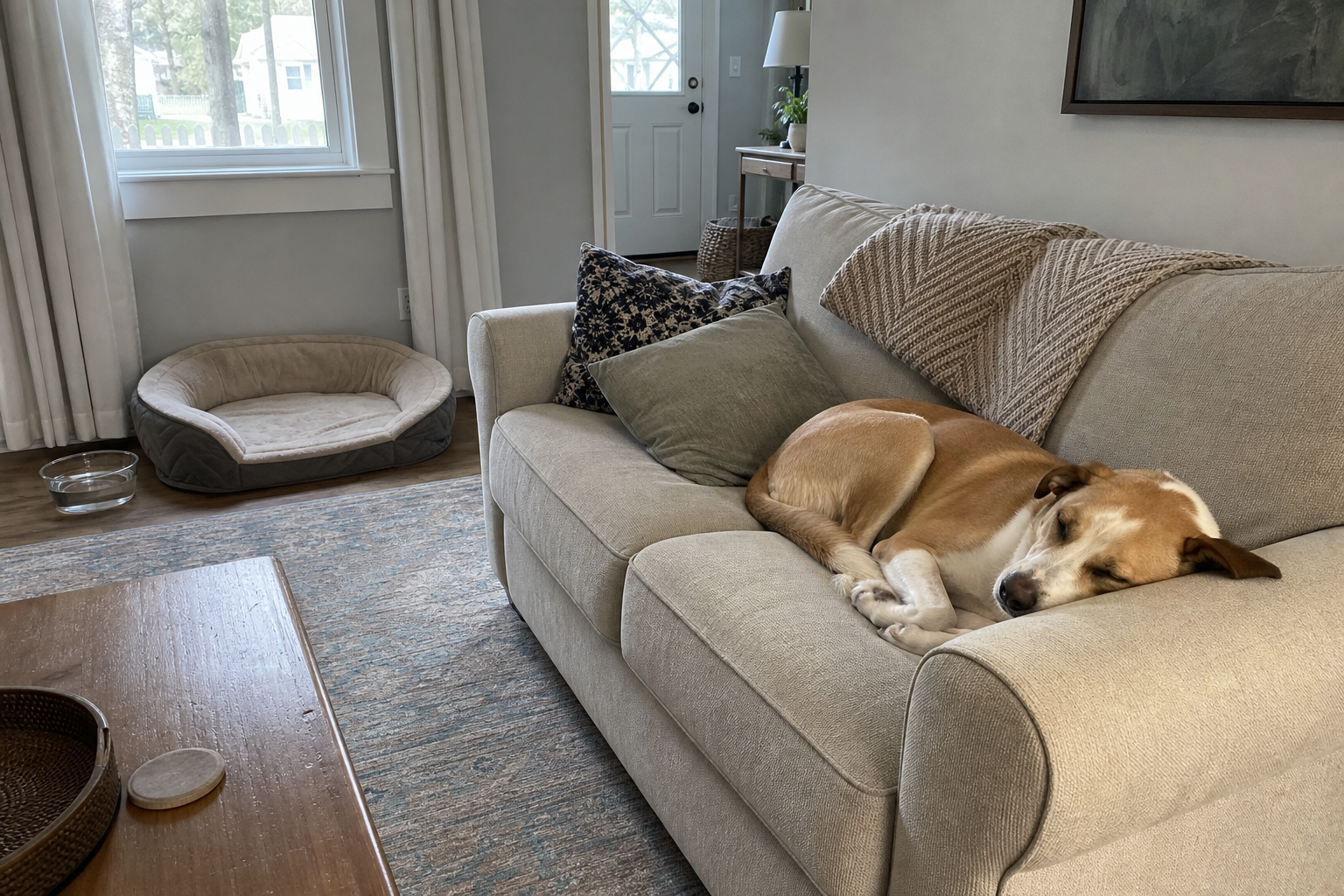 A dog sleeps peacefully on a sofa in a quiet home while alone.