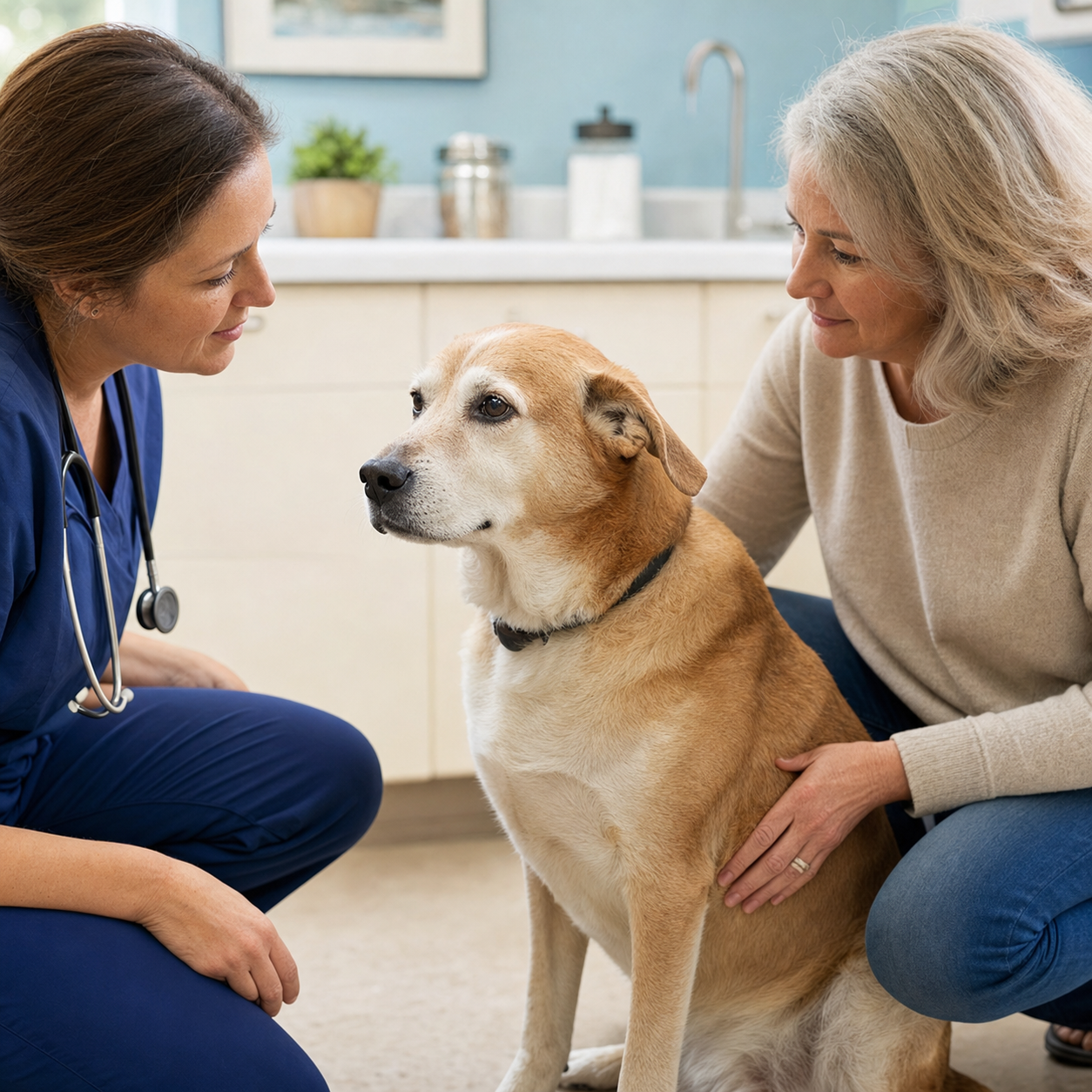 An older dog sits calmly with an owner and a veterinary professional during a check-up.