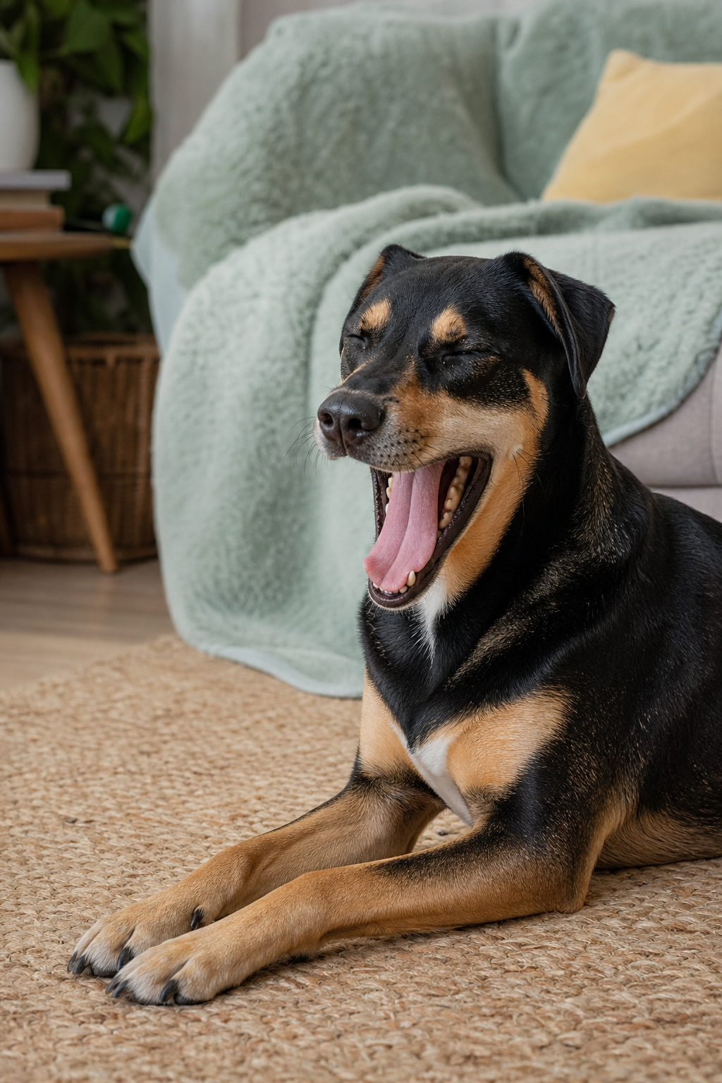 A black-and-tan mixed-breed dog yawns while resting on a woven rug beside a soft dog bed.
