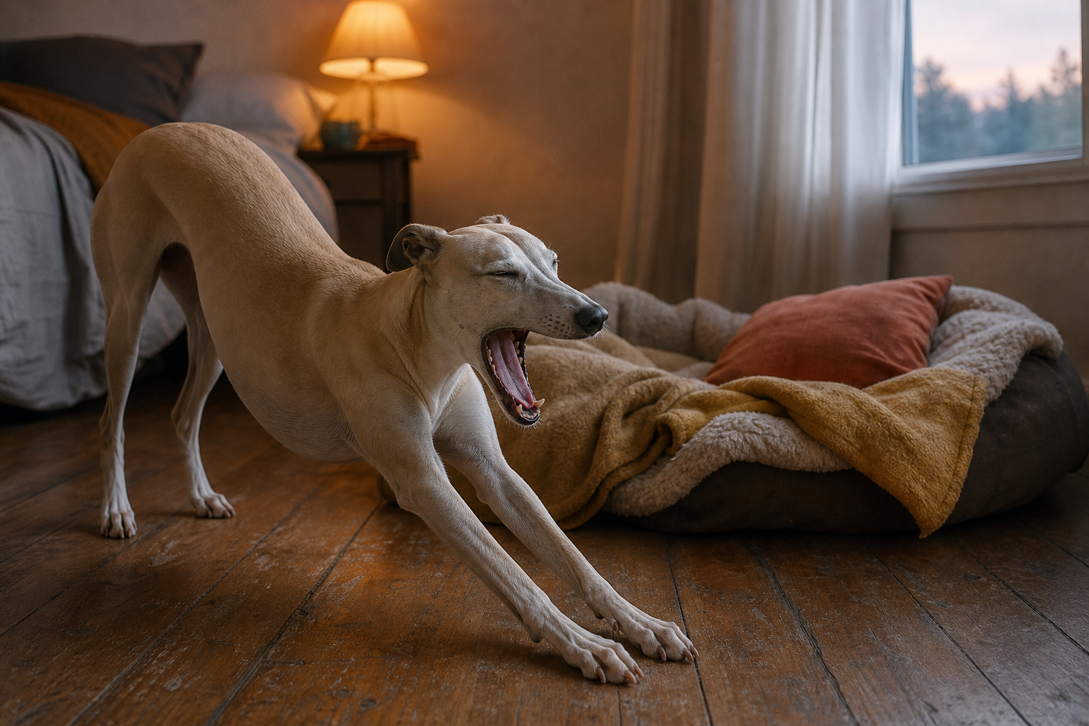 A cream whippet stretches and yawns beside a rumpled bed in warm evening light.