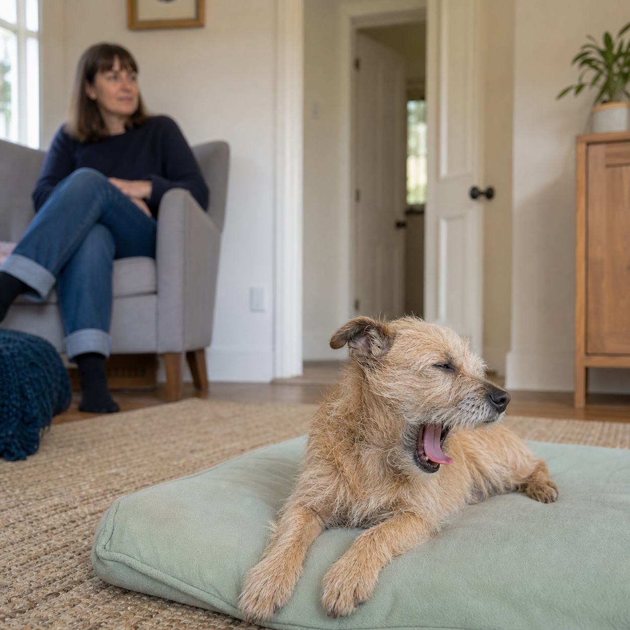 A small tan terrier yawns and turns away while a seated visitor keeps a respectful distance.