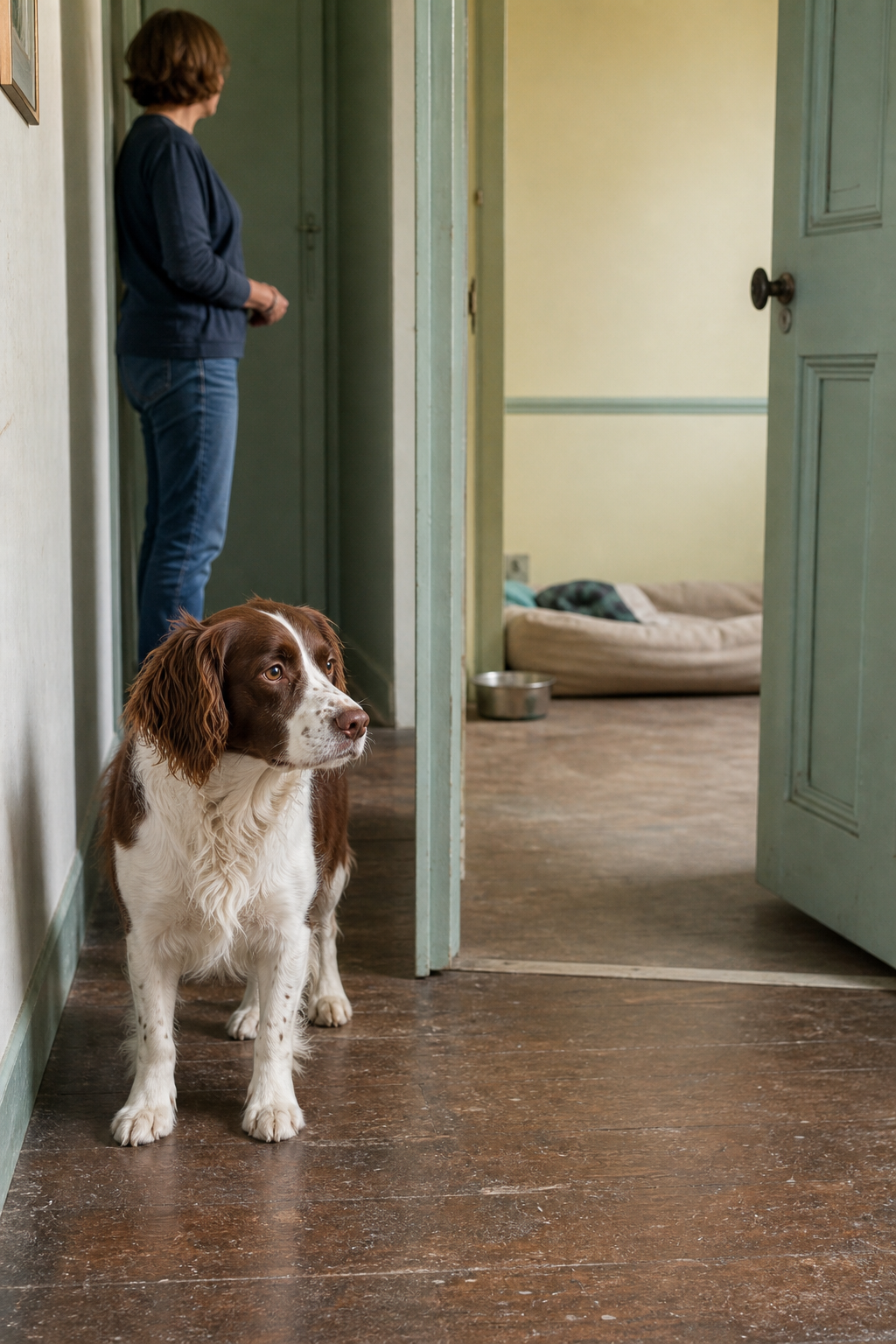 A chestnut-and-white spaniel stands beside an open doorway while an owner turns sideways and gives space.
