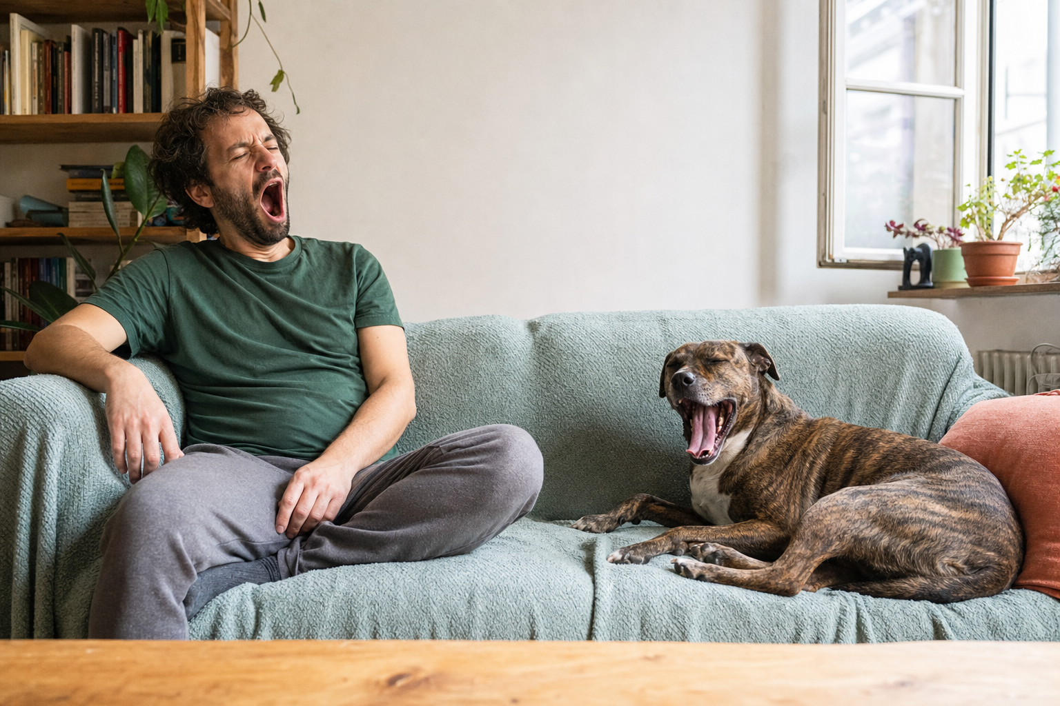 A relaxed brindle dog and its owner yawn while sitting together on a sofa in morning light.