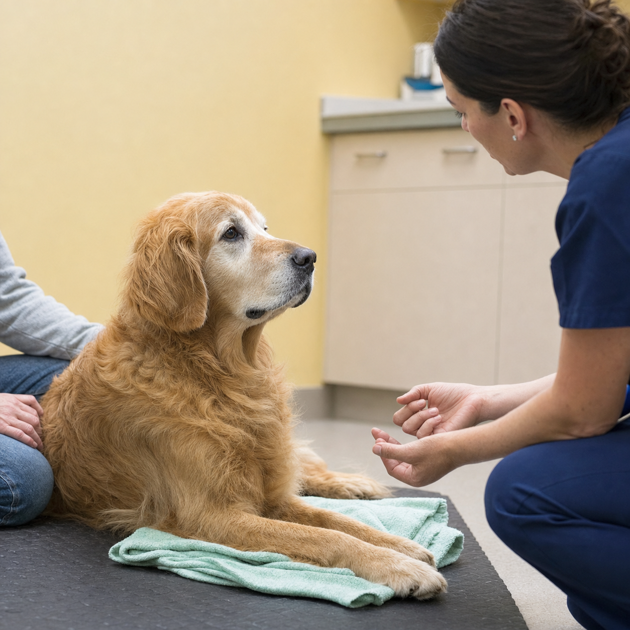 A senior golden retriever sits calmly while a veterinary professional observes the dog without restraint.