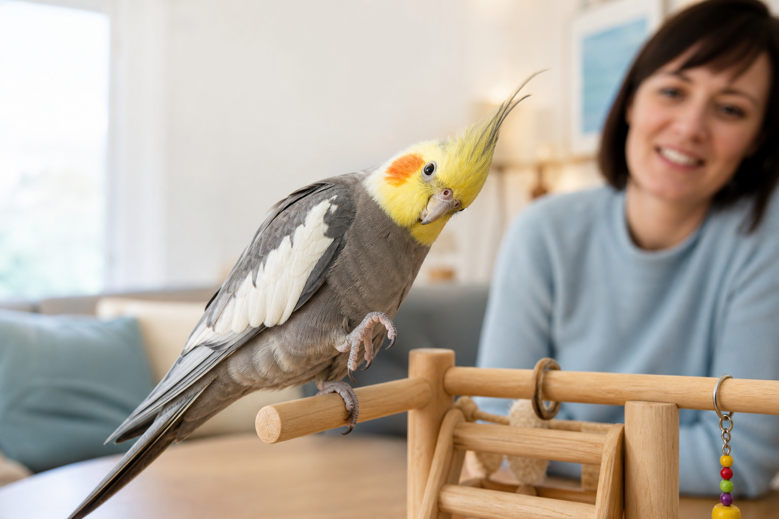 A grey-and-yellow cockatiel tilts its head and lifts one foot on a wooden home play stand while its owner watches.