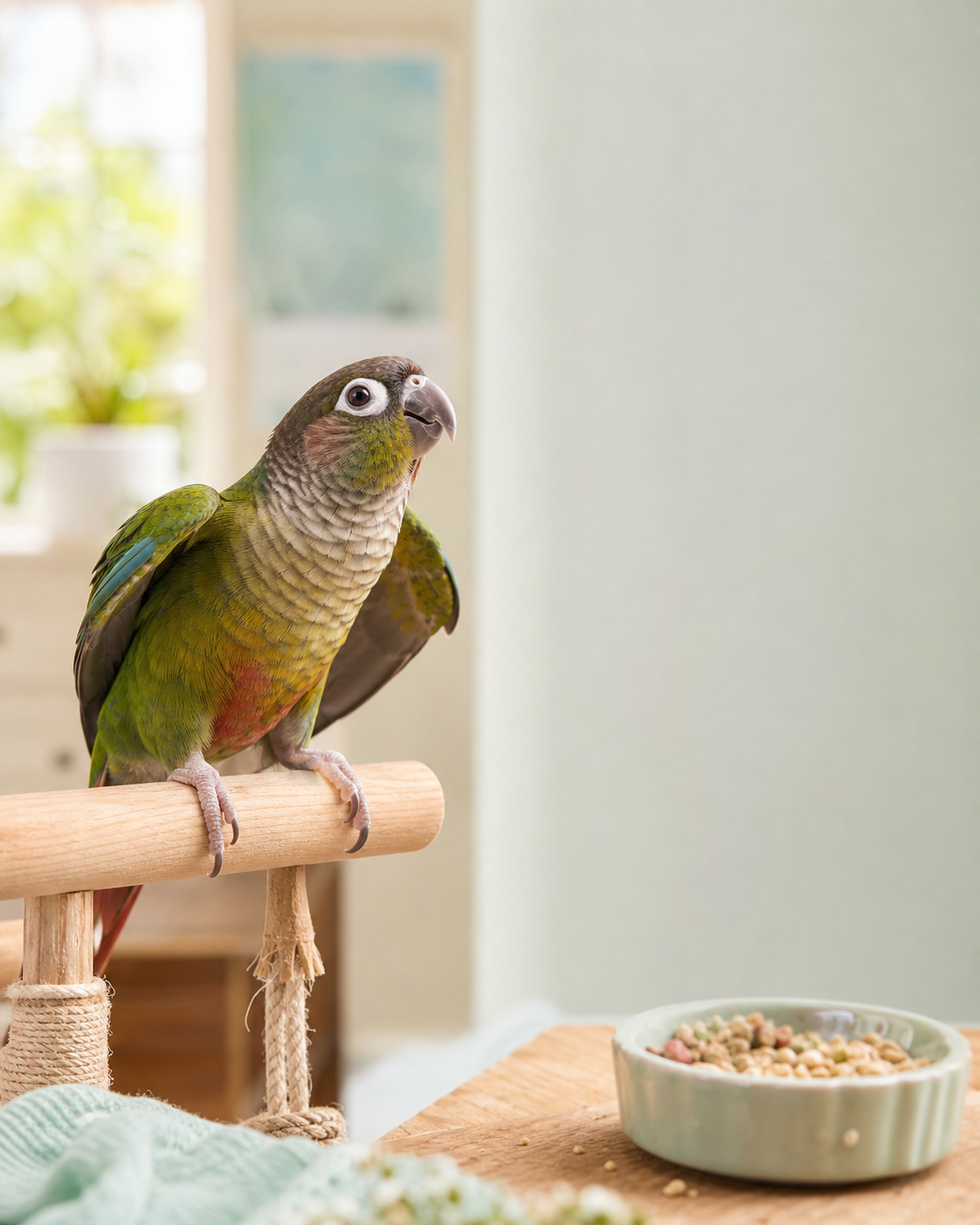 A young green-cheek conure holds its wings slightly away from its body on a wooden perch beside a food bowl.