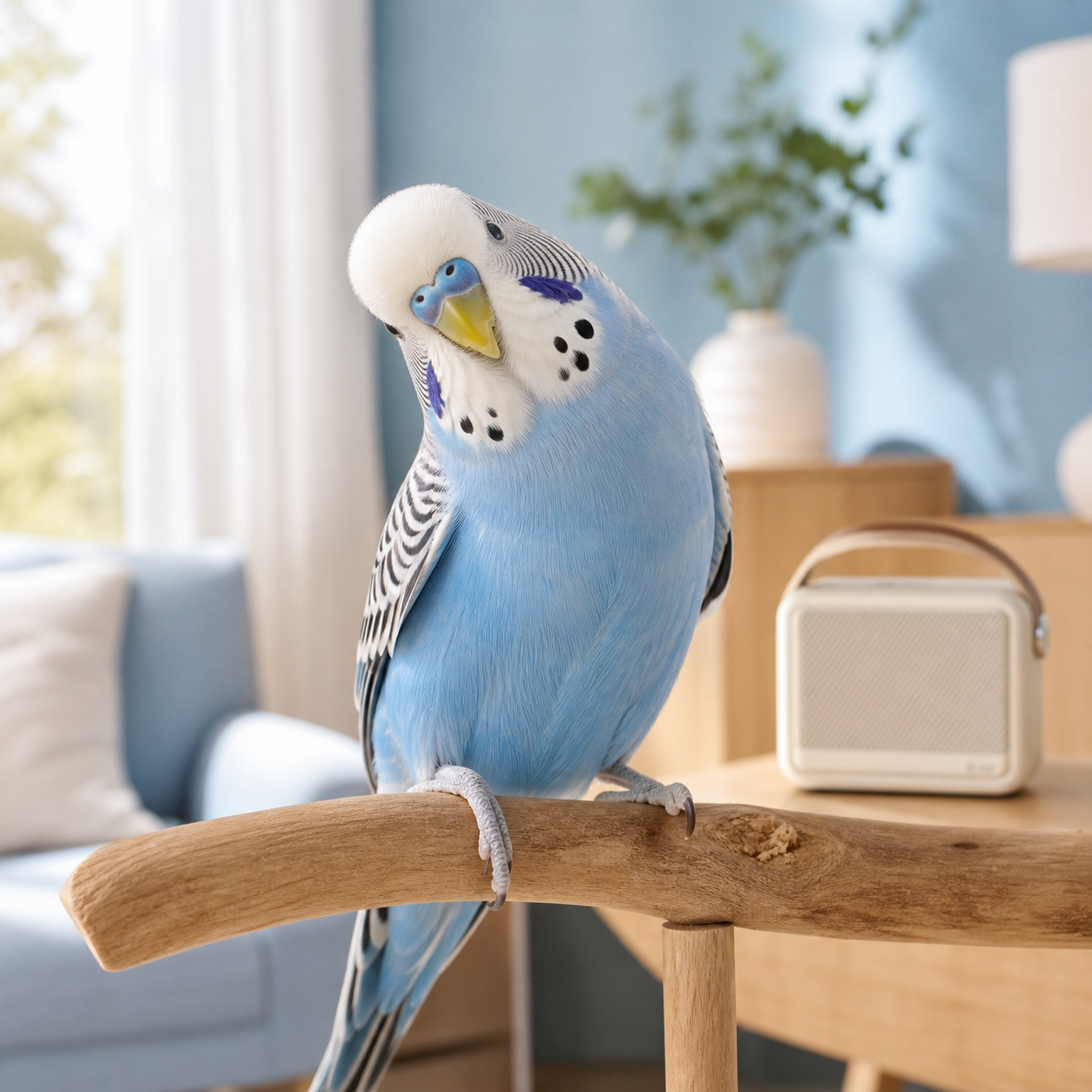 A blue-and-white budgie tilts its head on a natural perch with a small speaker safely behind it.