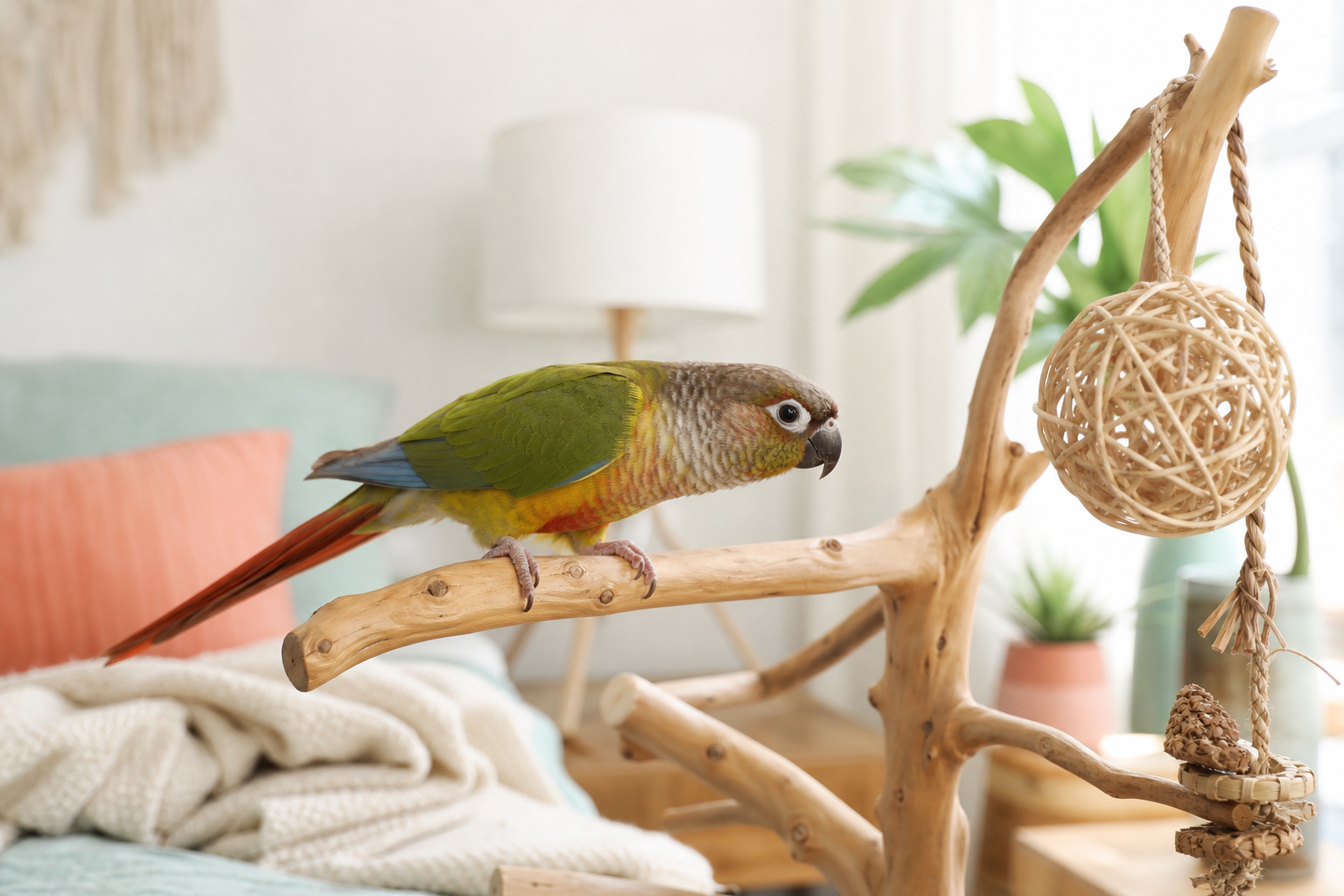 A green-cheek conure leans toward a woven bird-safe toy from a natural wood play stand.