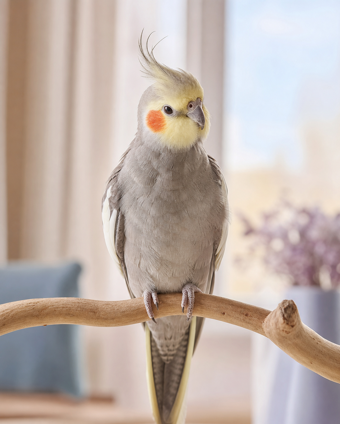 A relaxed grey cockatiel with a softly raised crest stands balanced on a natural wood perch.