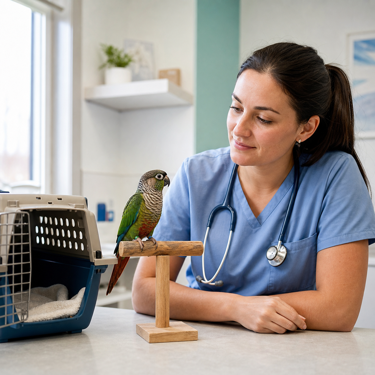 An avian veterinarian calmly observes a green-cheek conure on a tabletop perch beside an open carrier.
