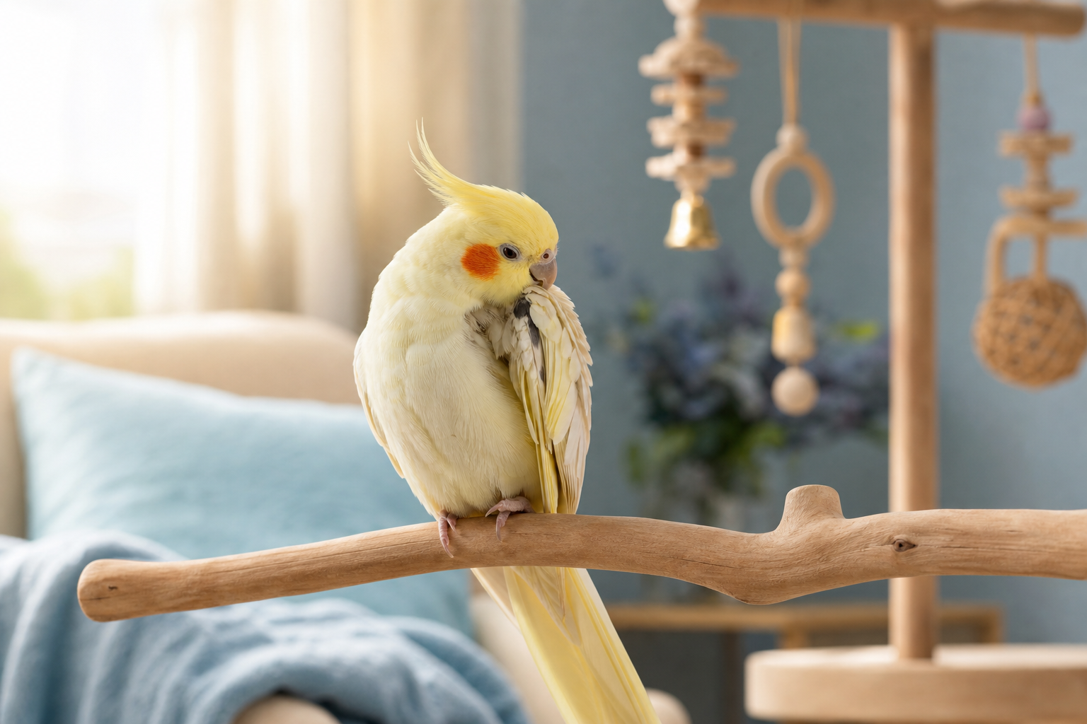 A pale-yellow cockatiel calmly preens one shoulder feather on a broad wooden perch.