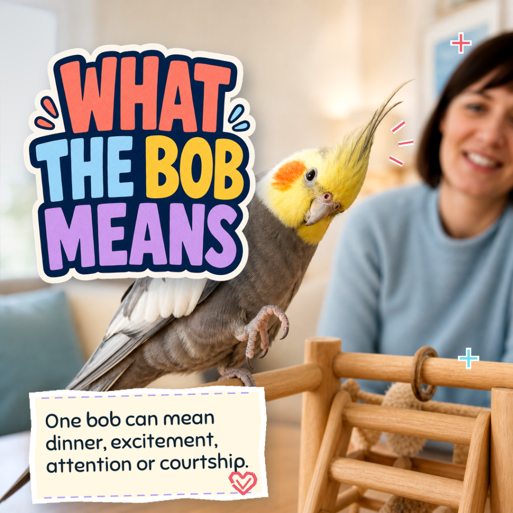 A curious grey-and-yellow cockatiel tilts its head beside a textured CloudyAww paper-cut headline reading What the Bob Means.
