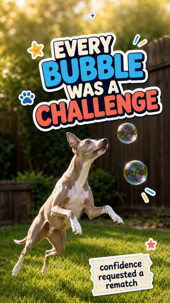A slim tan dog leaps toward floating bubbles in a sunny garden in a CloudyAww thumbnail titled Every Bubble Was a Challenge.