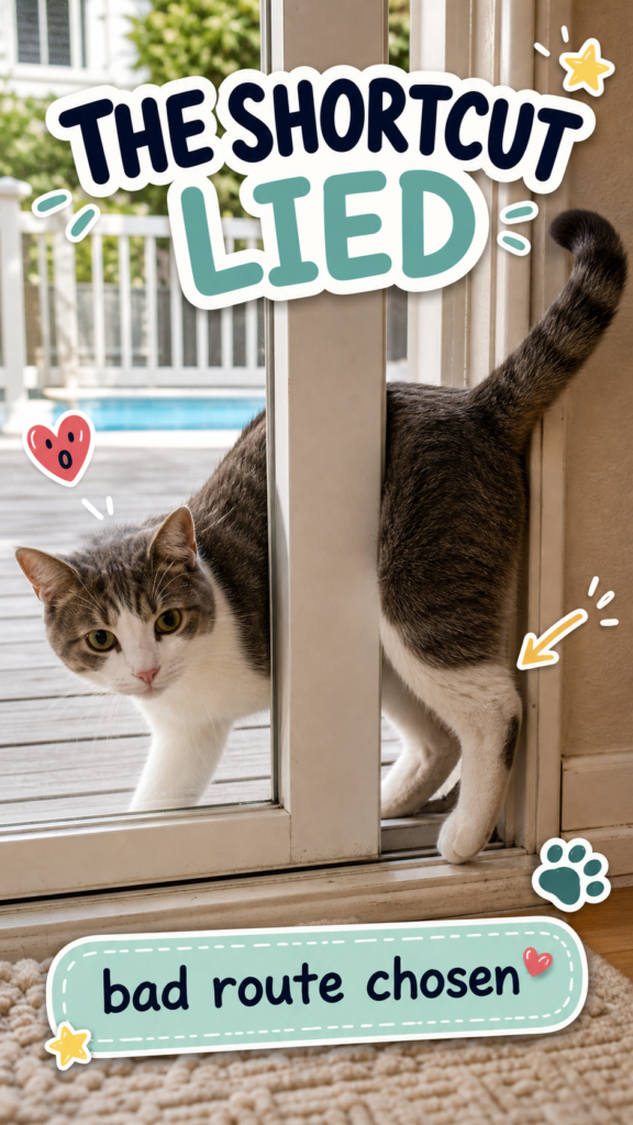 A grey and white cat squeezes awkwardly through a sliding glass door gap with playful CloudyAww text reading The Shortcut Lied and bad route chosen.