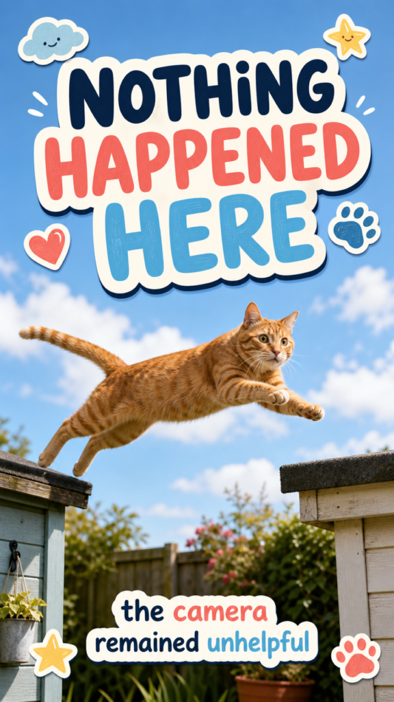 An orange tabby cat leaps safely between two low garden sheds in a CloudyAww thumbnail titled Nothing Happened Here.