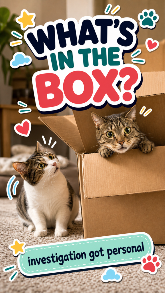 Two tabby cats investigate a large cardboard box in a cozy room, with playful CloudyAww sticker text saying "What's In The Box?" and "investigation got personal."