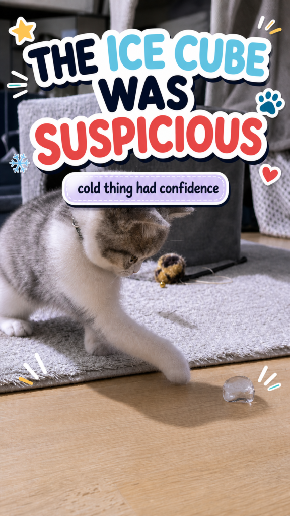 A grey-and-white cat reaches toward a small ice cube on a wooden floor in a CloudyAww thumbnail titled The Ice Cube Was Suspicious.