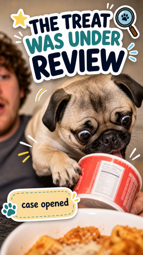 A pug reaches quickly toward a red treat cup while a blurred person reacts in the background, with CloudyAww sticker text reading The Treat Was Under Review and case opened.