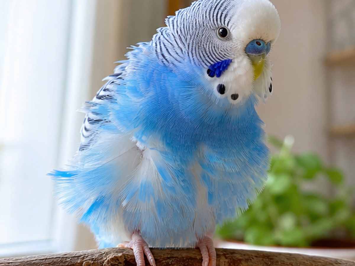 A bright blue budgerigar briefly fluffs its feathers while balanced on a natural perch.