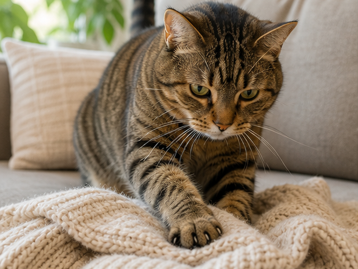 A tabby cat presses alternating front paws into a soft cream blanket.
