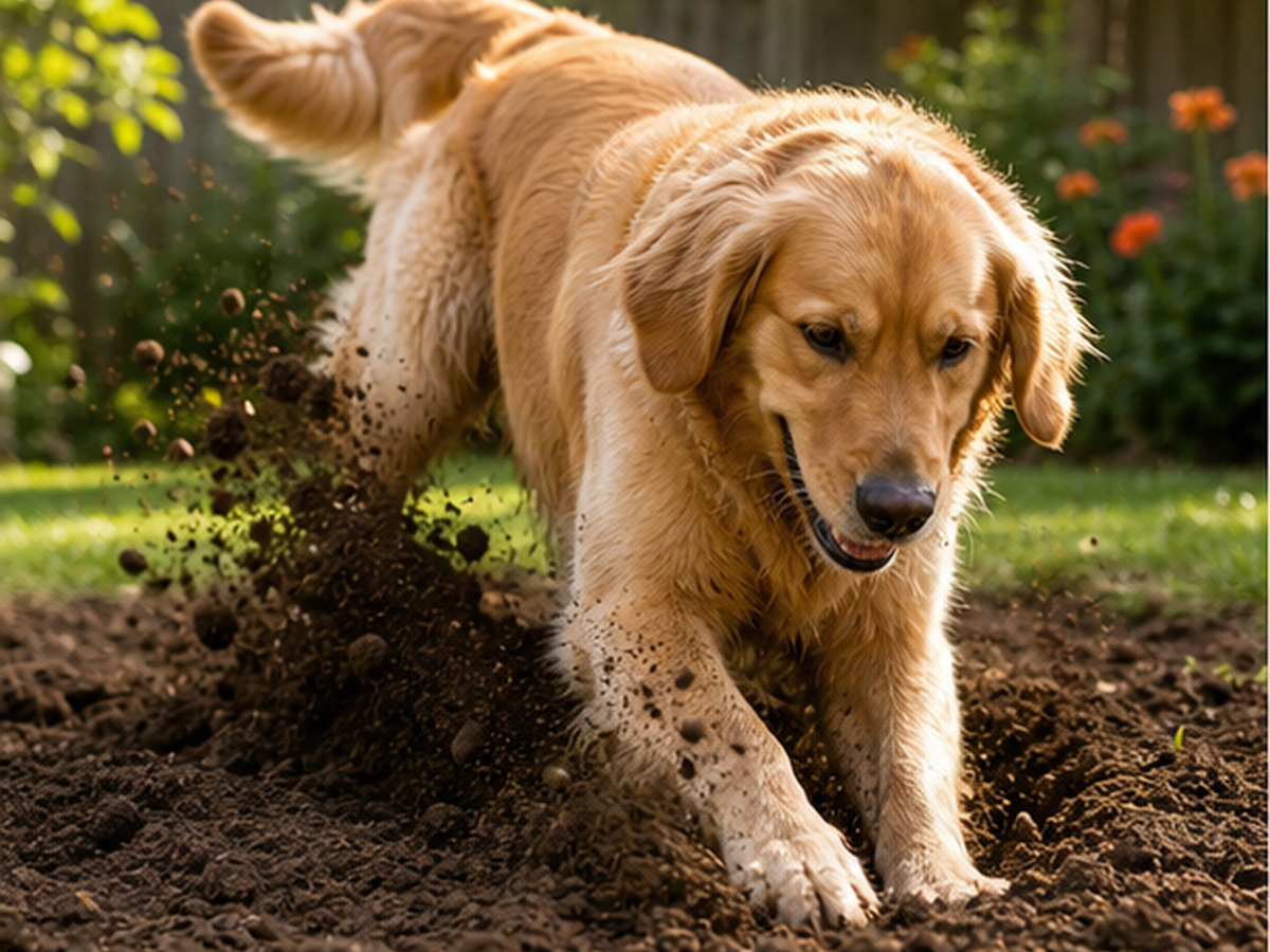 A golden retriever digs energetically in garden soil, sending earth behind their paws.