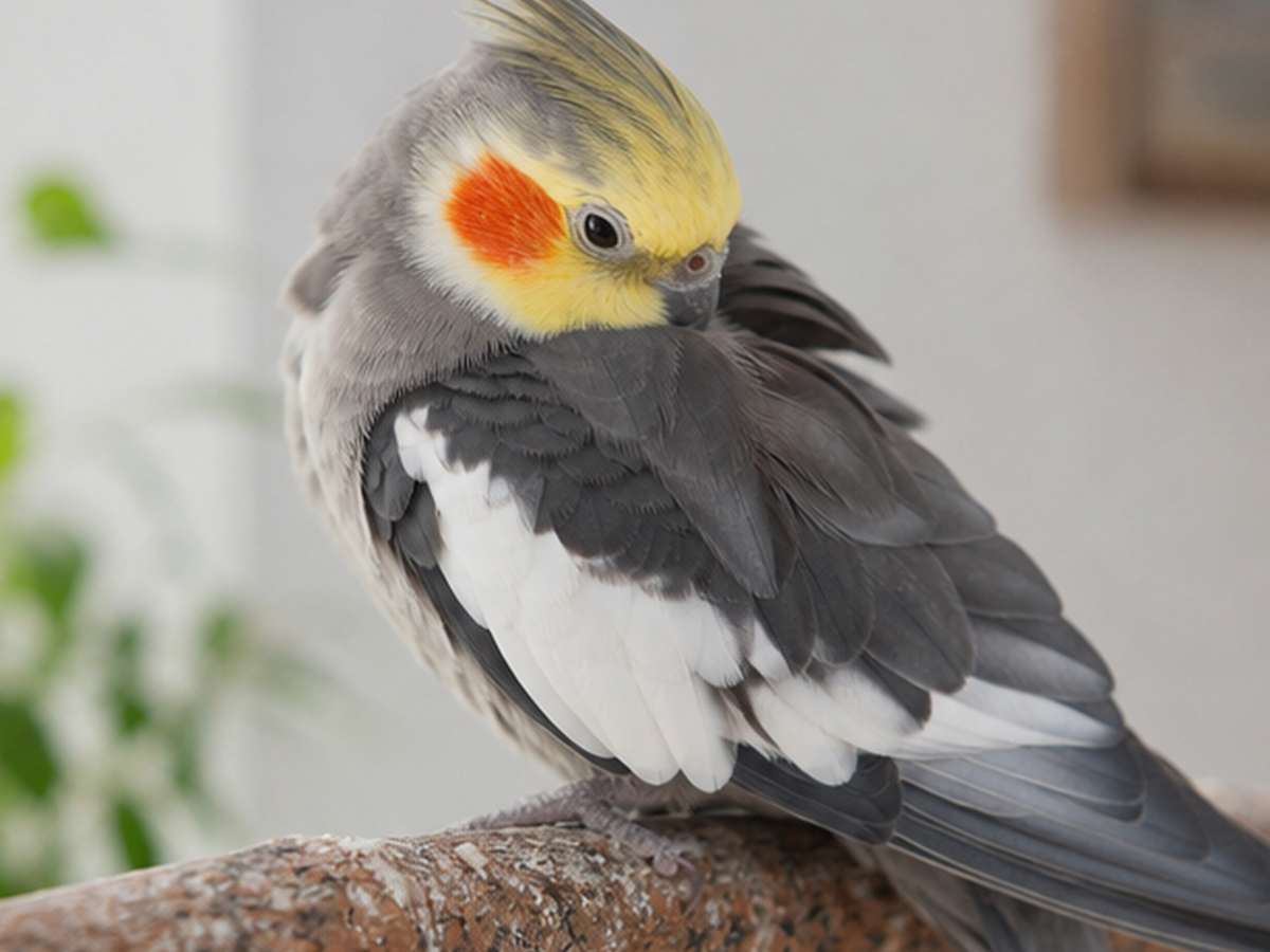 A cockatiel remains balanced and alert while gently rearranging its feathers.