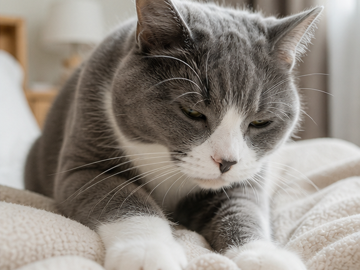 A grey-and-white cat kneads a soft blanket with a loose, settled posture.