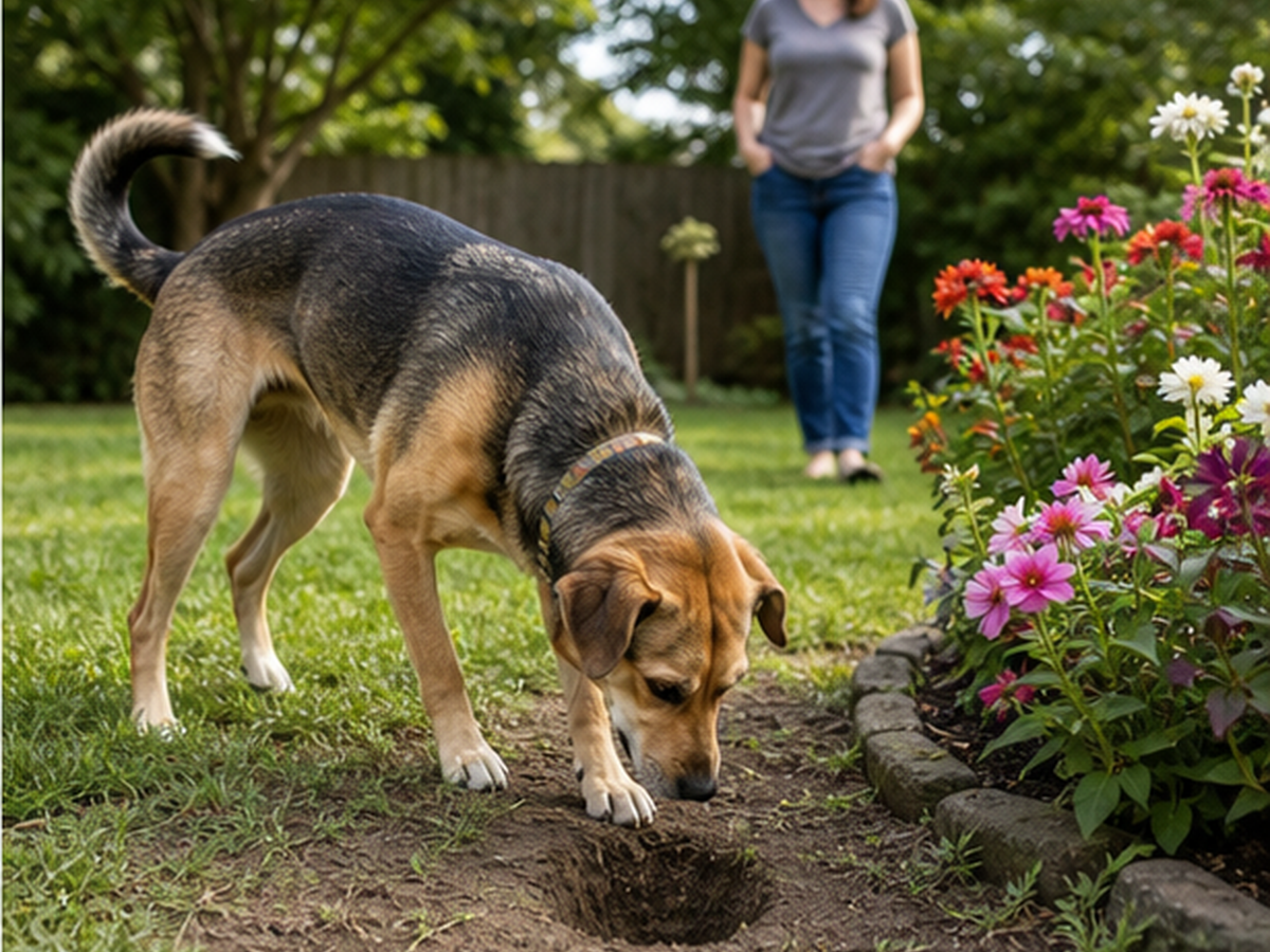 A dog investigates a garden edge while an adult supervises from a comfortable distance.