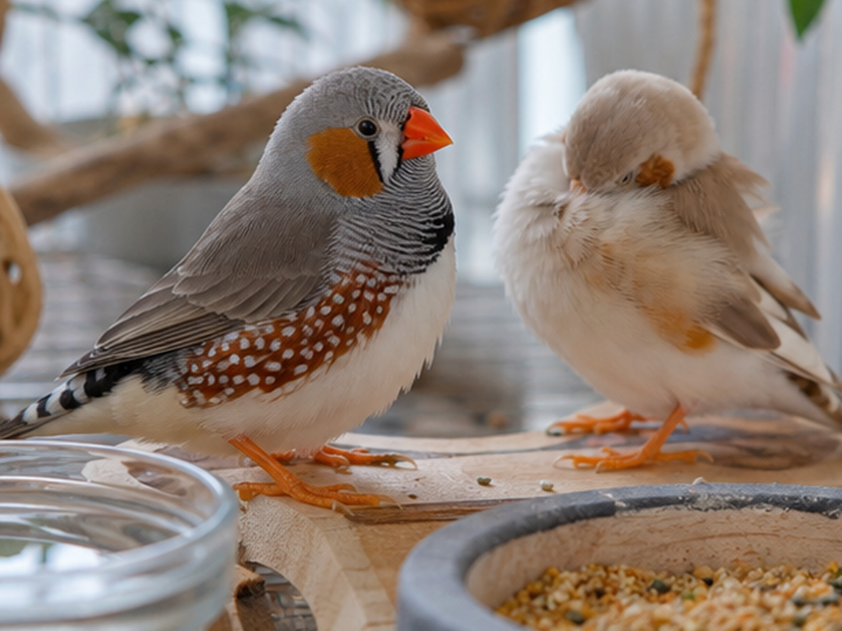 Two small finches stand beside clean food and water areas in a predictable home setup.