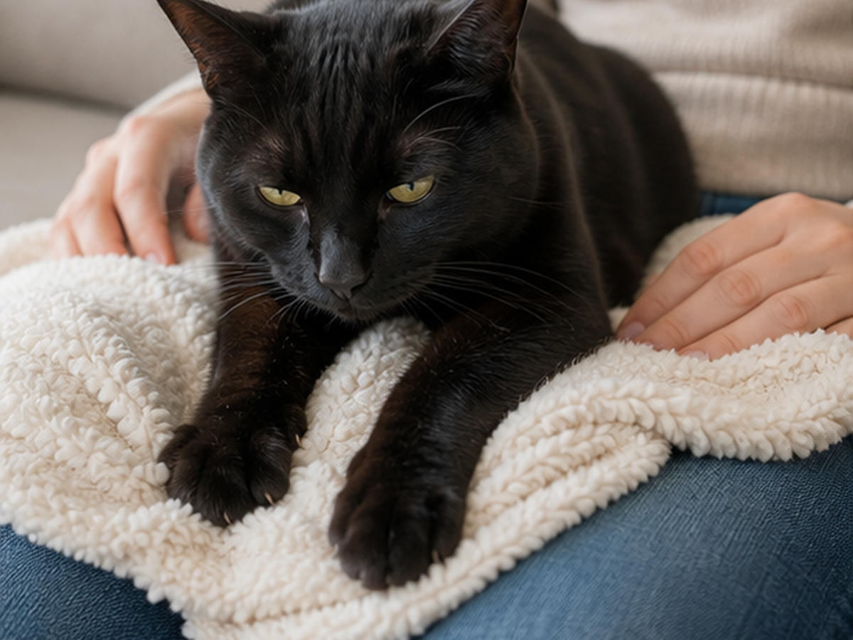 A black cat kneads a blanket beside a person while remaining free to move away.
