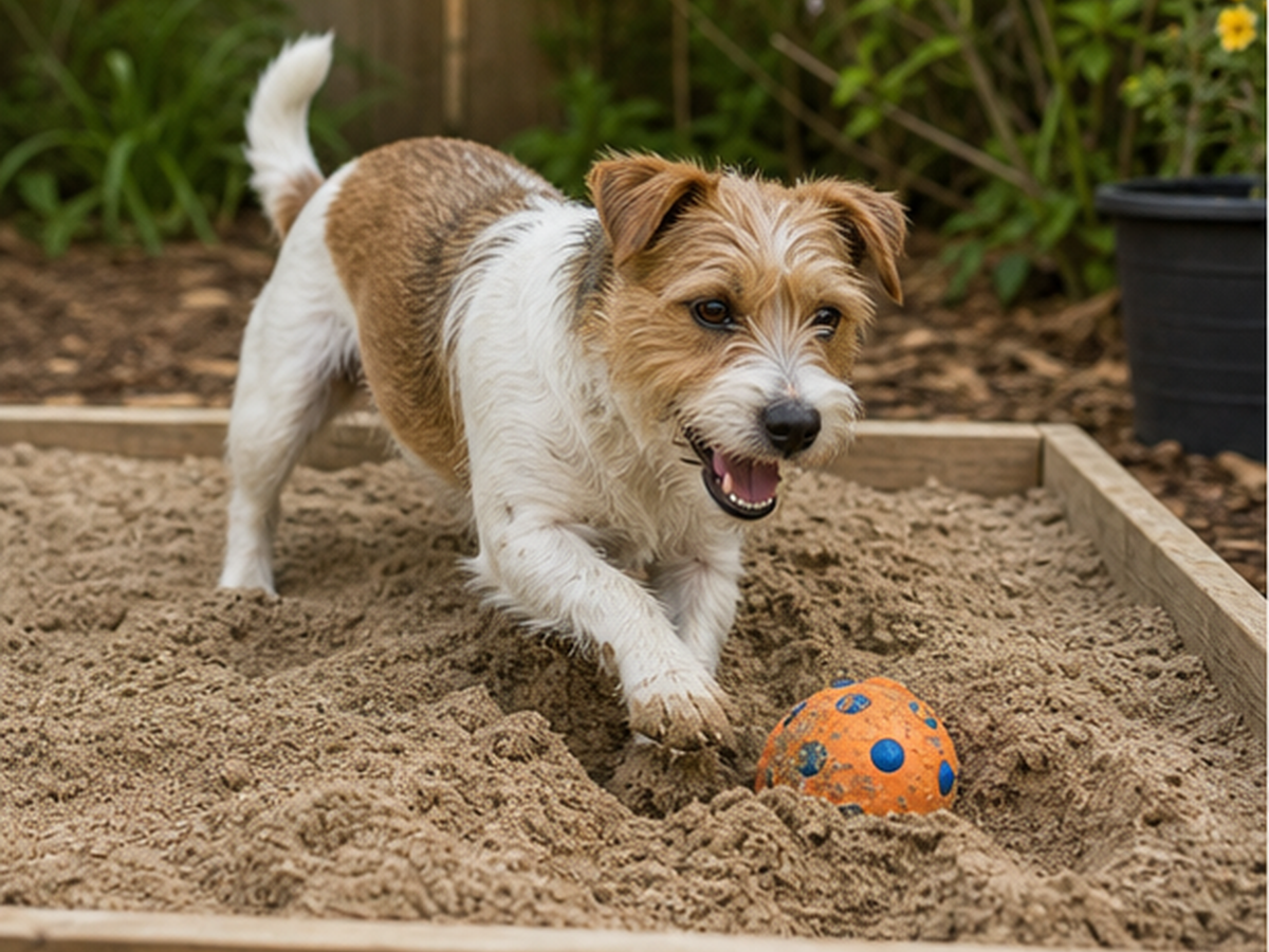 A small terrier digs happily in a designated sandpit with a sturdy toy.