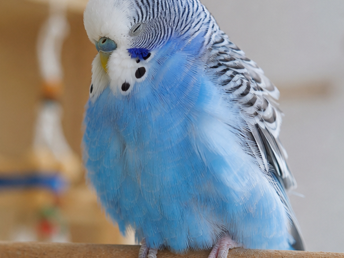 A blue budgerigar stays puffed with partly closed eyes, illustrating a change that needs whole-bird assessment.