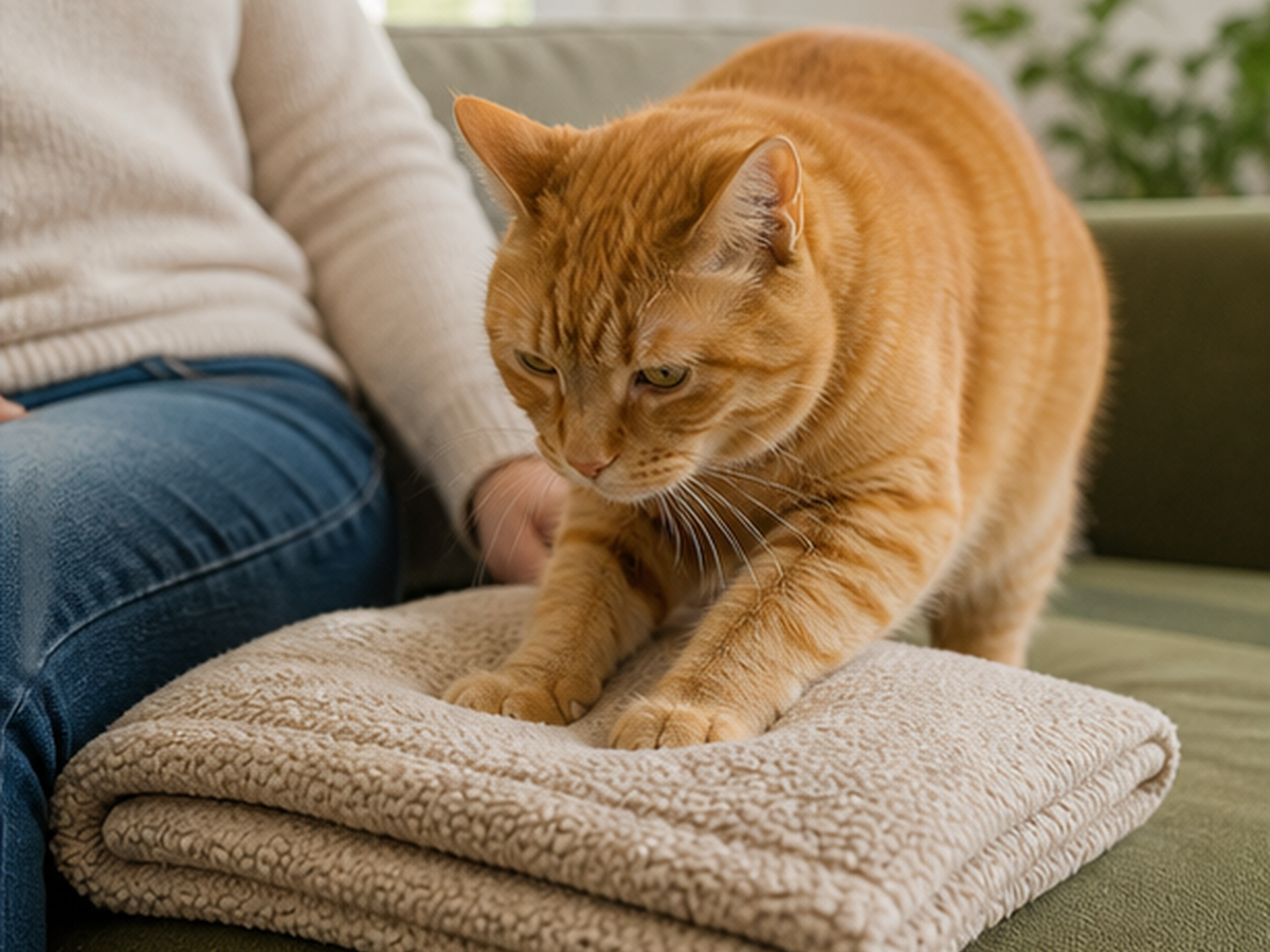A ginger cat kneads a thick folded blanket placed safely across a person's lap.