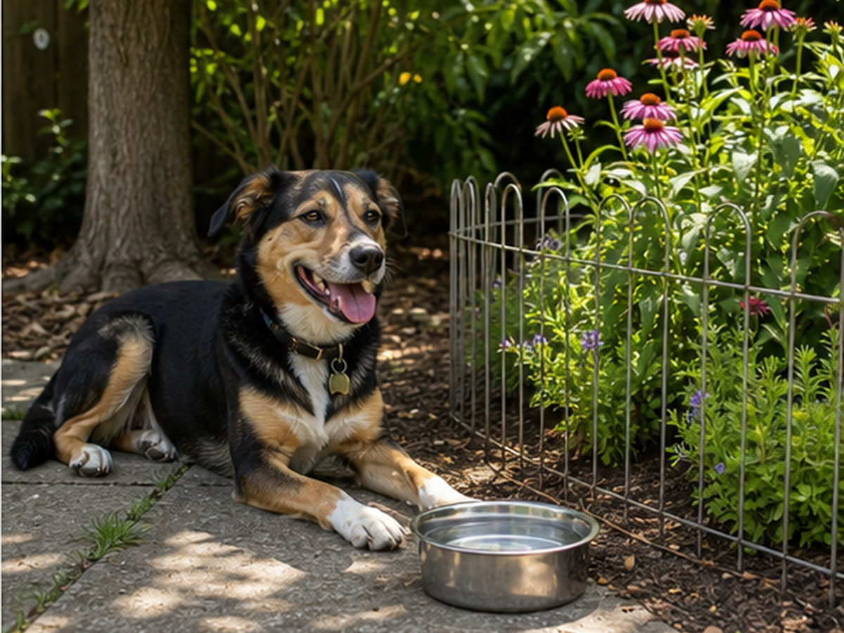 A relaxed dog rests in shade with fresh water beside a protected flower border.